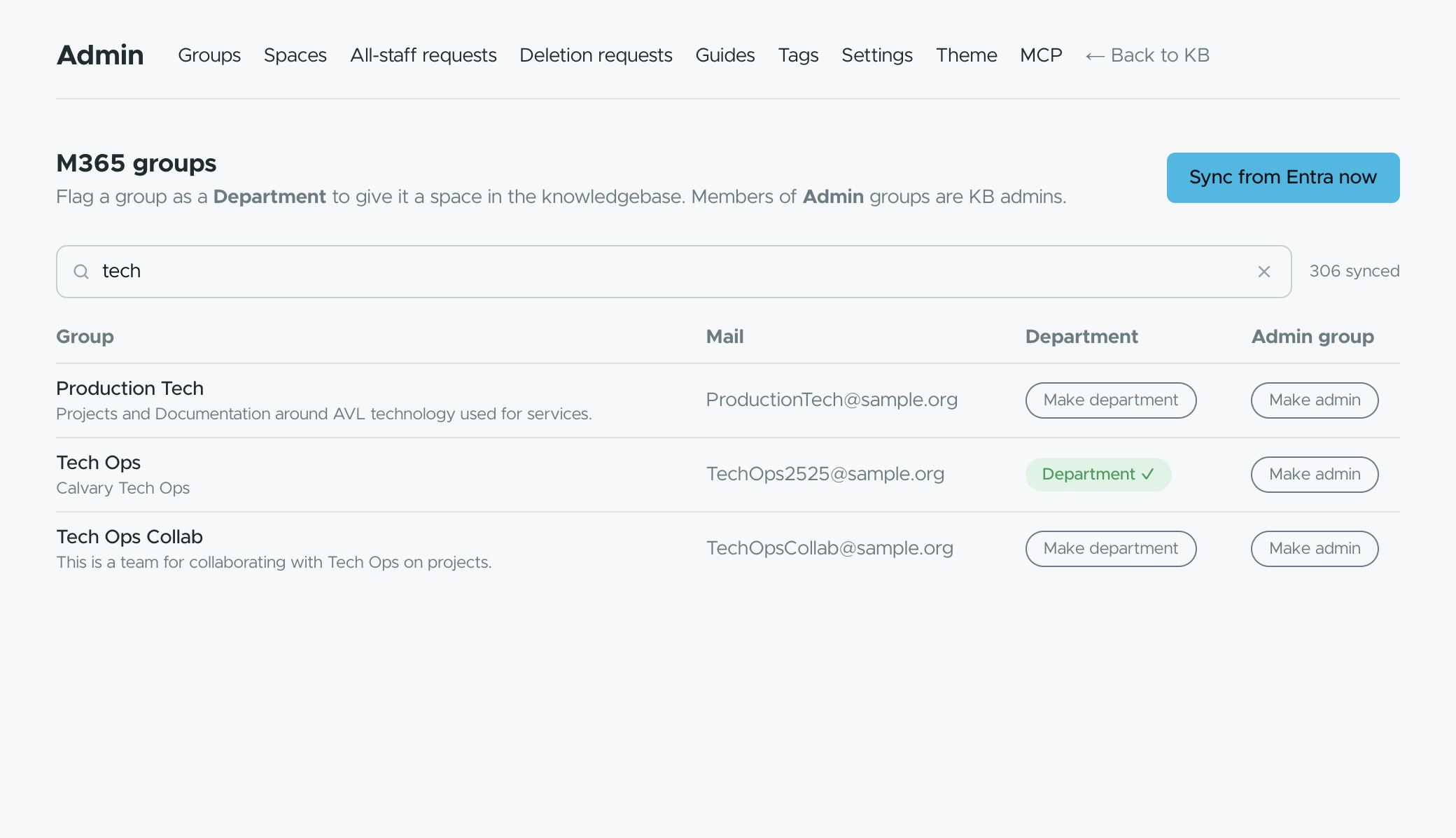 Admin → Groups showing Teams flagged as departments
