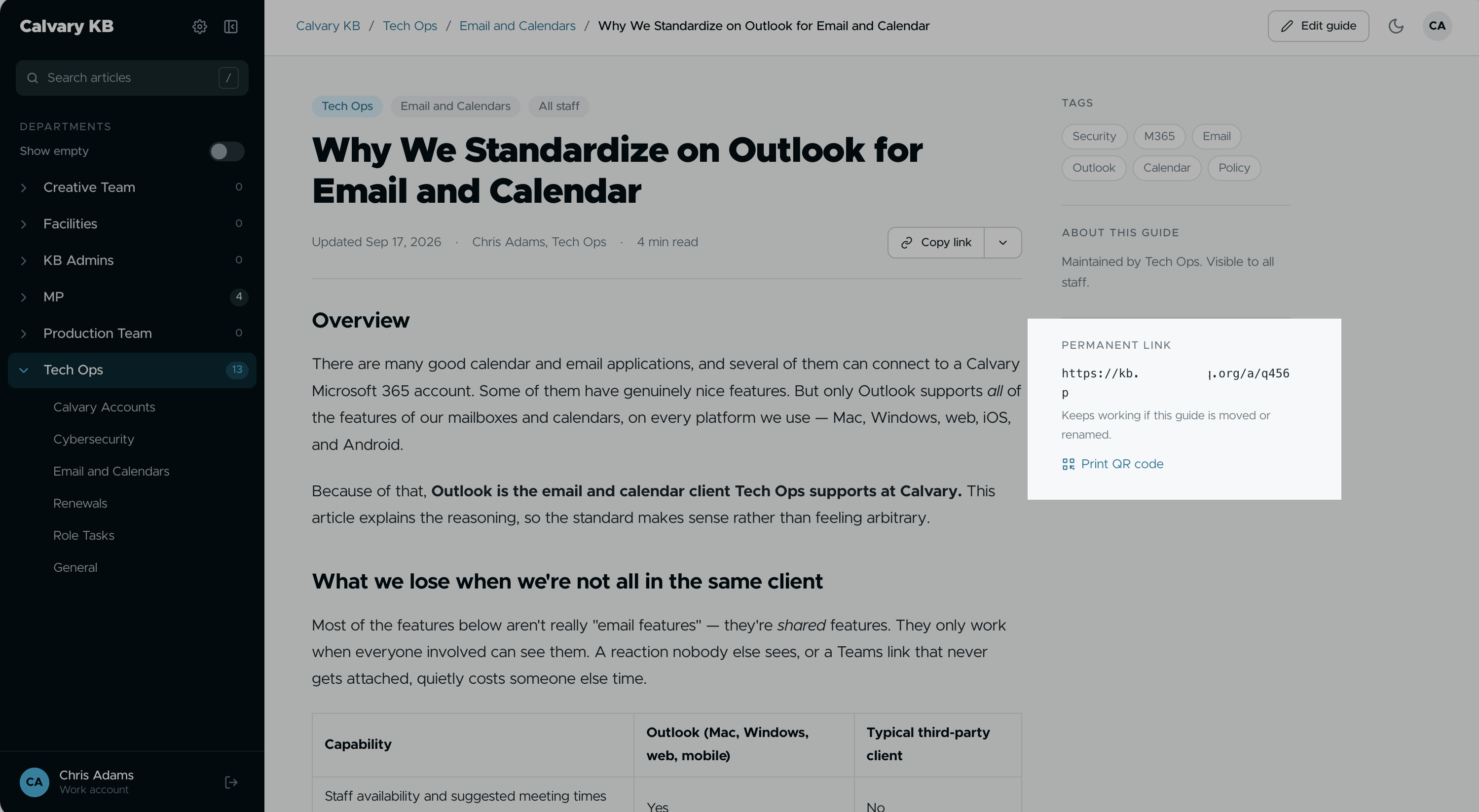 Guide page with the permanent link panel highlighted