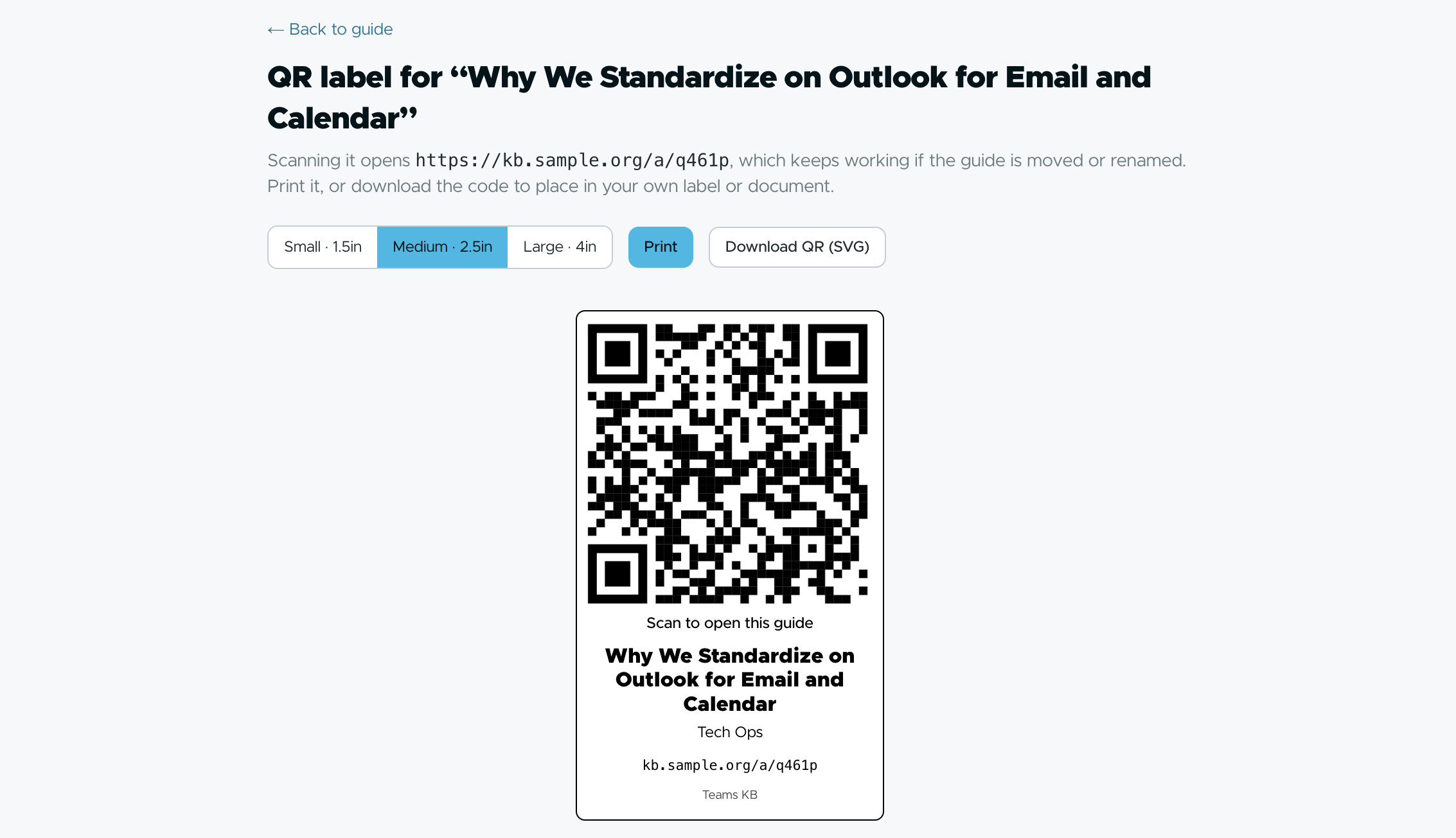 QR label page with size options, Print and Download QR (SVG)