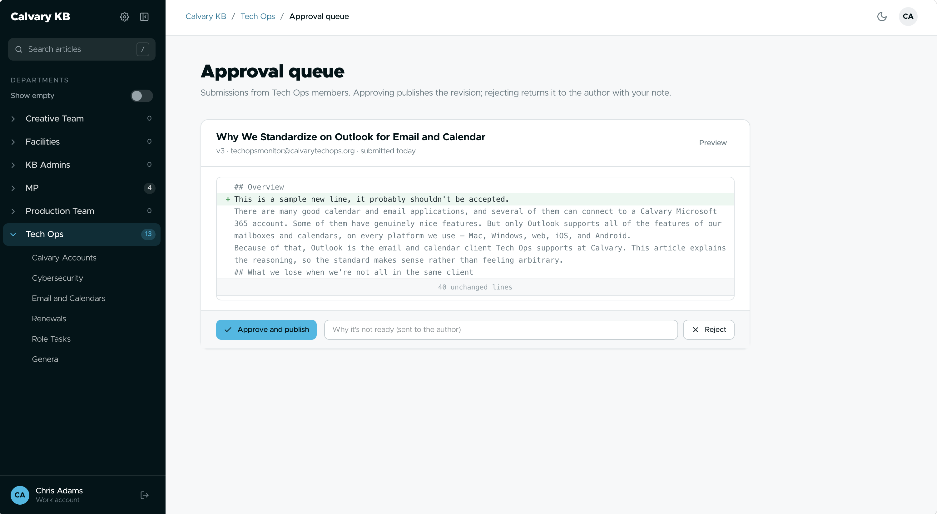Approval queue with the line diff