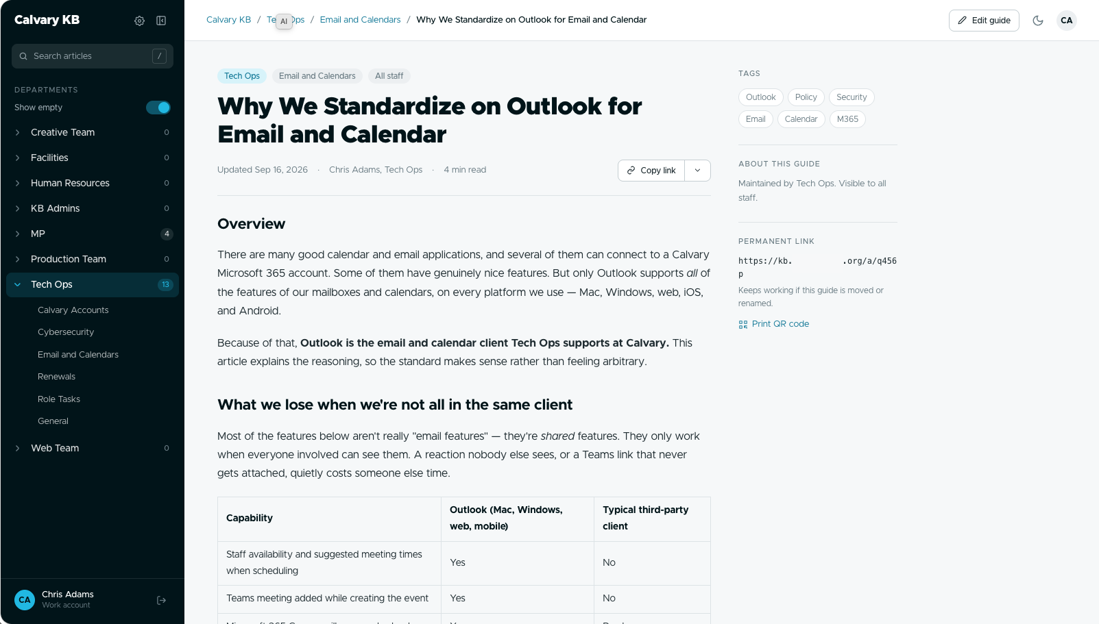 Teams KB guide page: “Why We Standardize on Outlook for Email and Calendar”, with the department sidebar